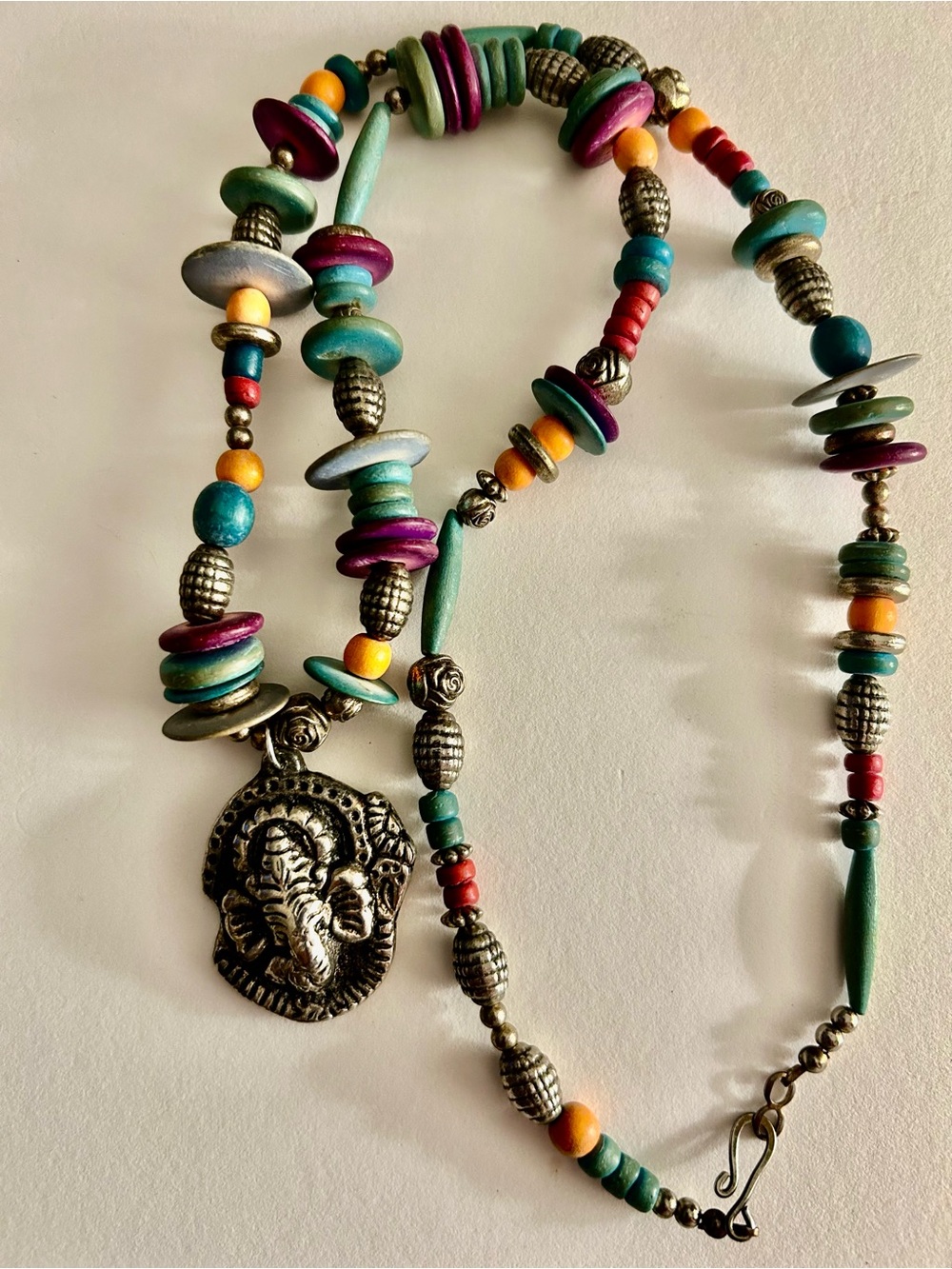 Vintage 1970s Indian Necklace Elephant Ganesh pendant painted Wood silver beads